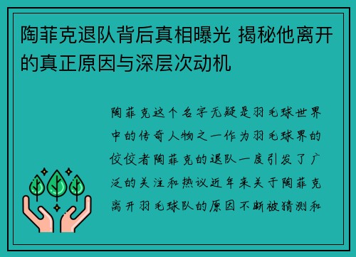 陶菲克退队背后真相曝光 揭秘他离开的真正原因与深层次动机